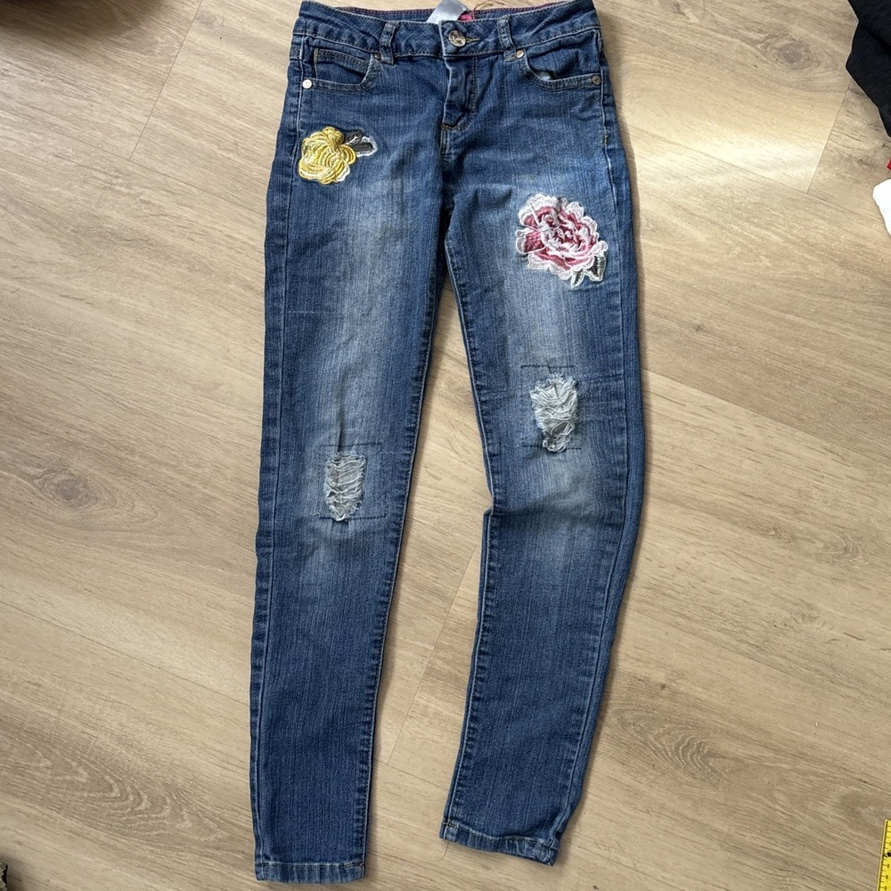 Girls Betsey‎ Johnson BJ71112 Blue Embroidered Skinny Distressed Jeans Size 10